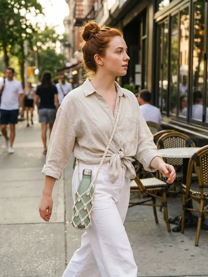 Sac bandoulière bohème en macramé pour bouteille d'eau avec coquillages