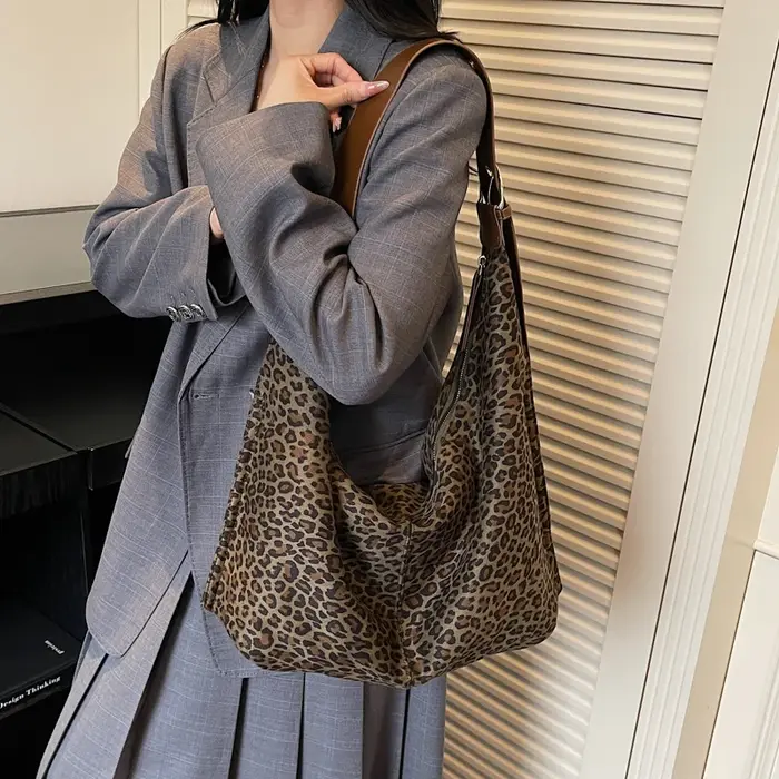 Faux daim léopard grande capacité sacs à bandoulière automne rétro polyvalent femmes