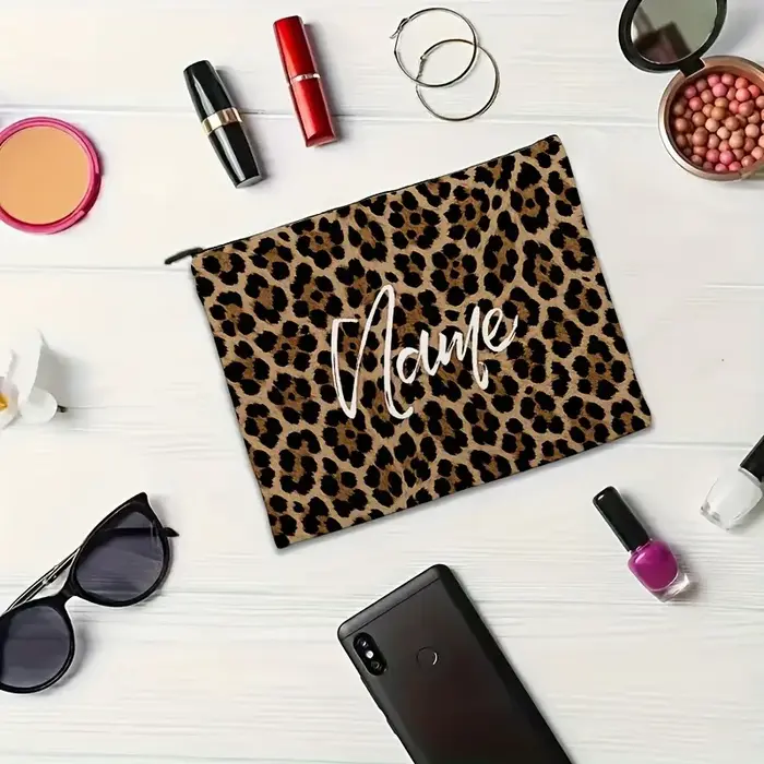 Pochette de maquillage élégante à imprimé léopard avec fermeture éclair