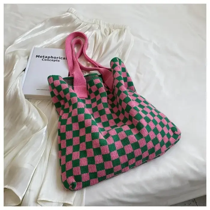 Nouveau Ins sac tricoté mode épaule noir blanc Plaid grand fourre-tout rétro sacs à main pour femme sac à tricoter