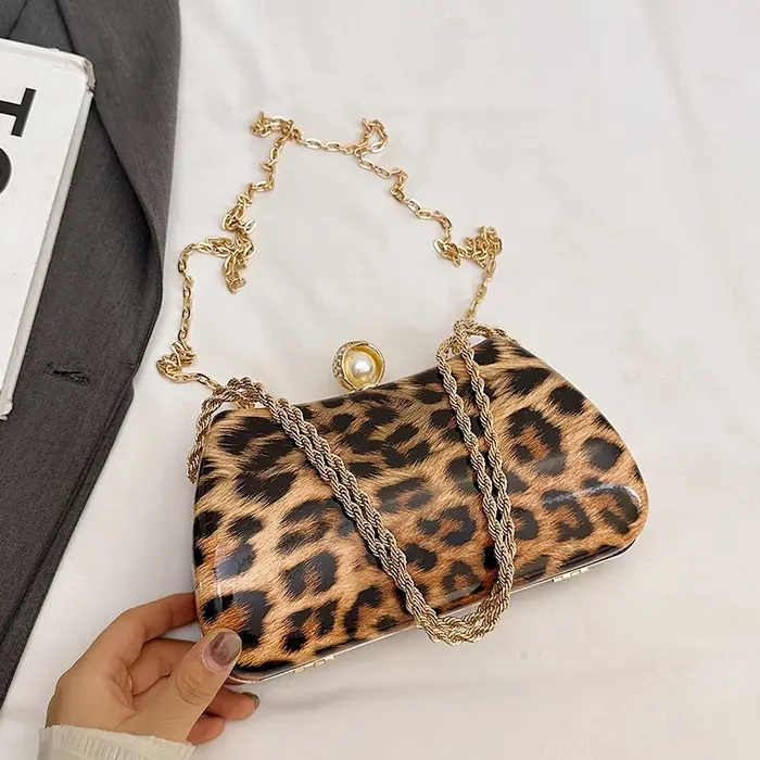 Pochette à chaîne mode soirée sac à main téléphone sac dame marron léopard impression sac