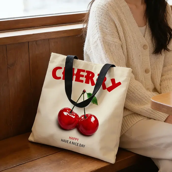 Sac fourre-tout en toile à imprimé cerises – Base crème minimaliste avec inscription « CHERRY » rouge vif et graphique