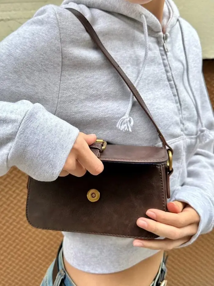 Sac à Main Vintage Américain Marron en PU pour Femme