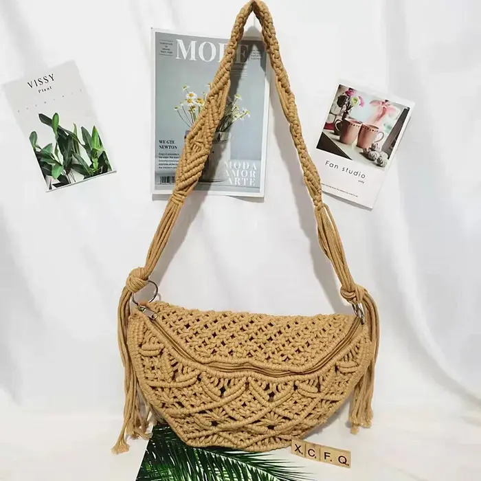 Sac de plage bohème tissé à la main avec pompons, crochet en coton évidé, fourre-tout de voyage, sacs à main de style ethnique, sac sous les bras, été