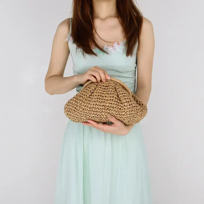Sac en paille tissé pour femmes, sac à bandoulière élégant avec sangle en chaîne, sac à bandoulière de grande capacité, sac à main tissé de couleur unie pour voyage en plein air