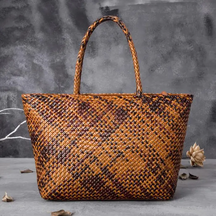 Sac à main en cuir pour femme, grand sac fourre-tout romantique tissé à la main, sac seau en cuir de