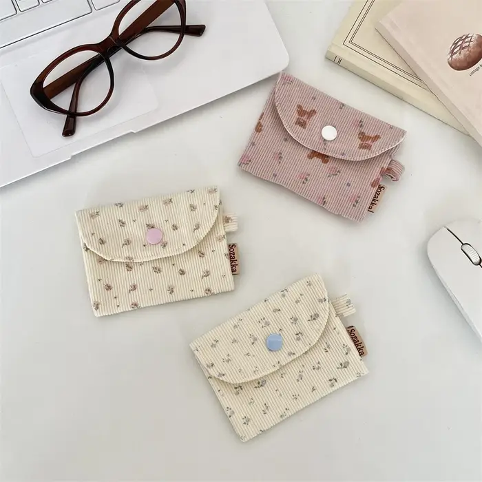 Mini Portefeuille Porte-Monnaie Petit Sac Carré en Corduroy pour Étudiant Bus Cartes d'Identité Bancaires