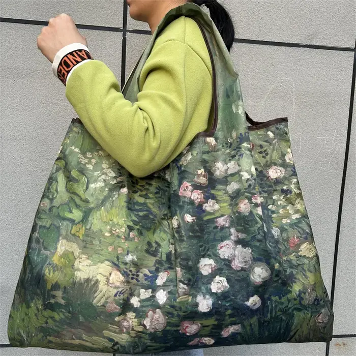 Sac de courses pliable avec peinture à l'huile de fleurs