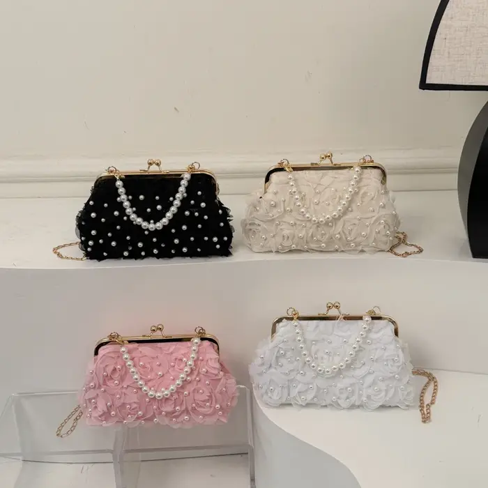 Sac de soirée en dentelle pour femme, pochette florale à fermoir Kiss Lock avec chaîne, sac de demoiselle d'honneur pour mariage, bal de promo, fête du thé