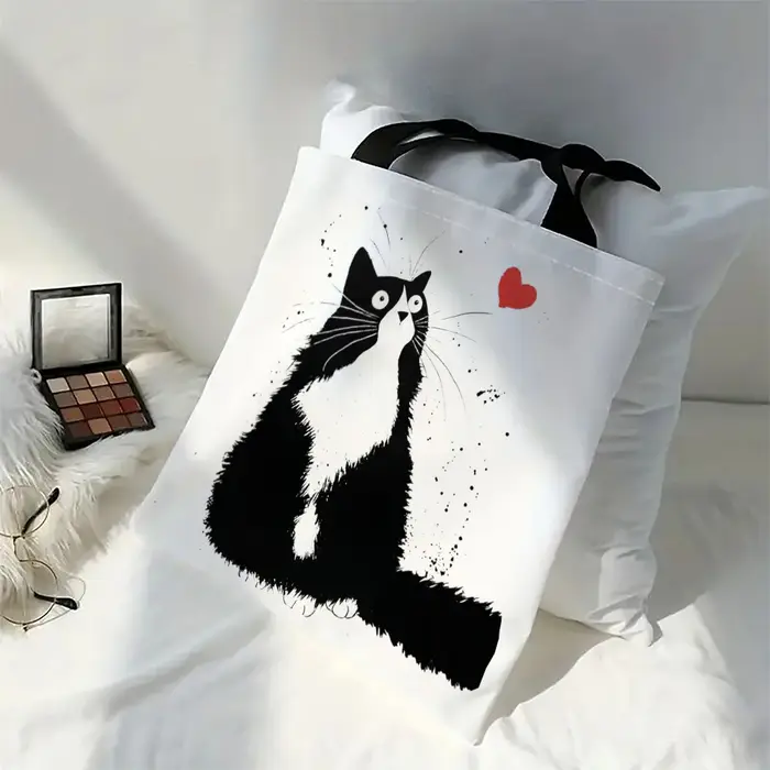 Fourre-tout réutilisable en lin imprimé chats mignons, sac de rangement d'épicerie, sac à bandoulièr