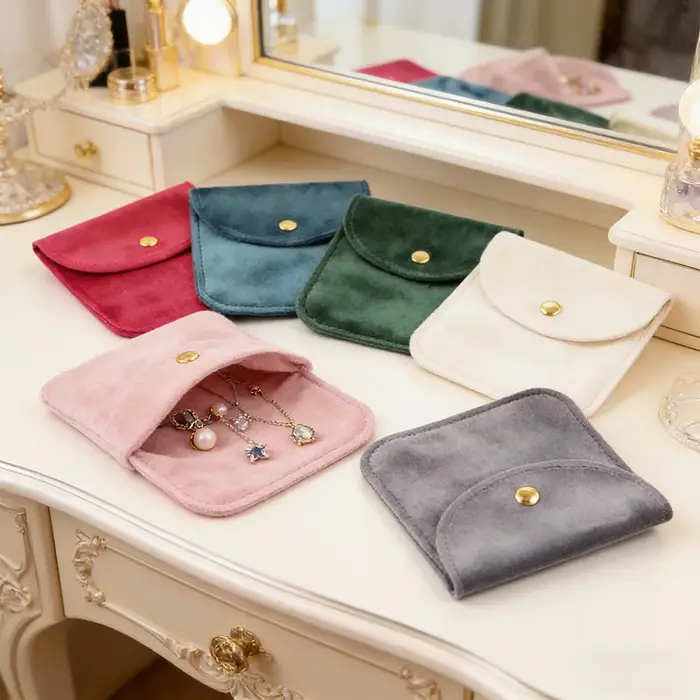 Petite pochette à bijoux en velours avec bouton pression