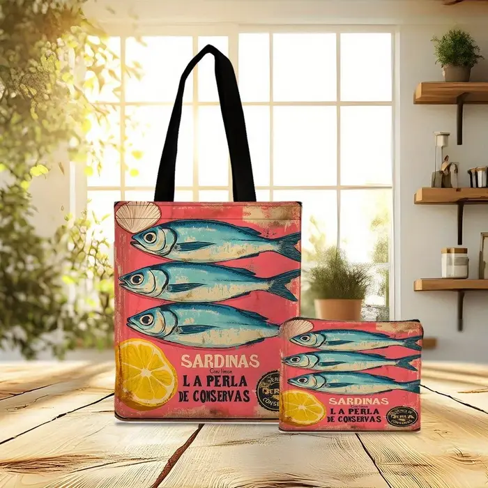 Sardine citron délicatesse perles sac fourre-tout sac de plage avec trousse de maquillage sac à provisions polyvalent