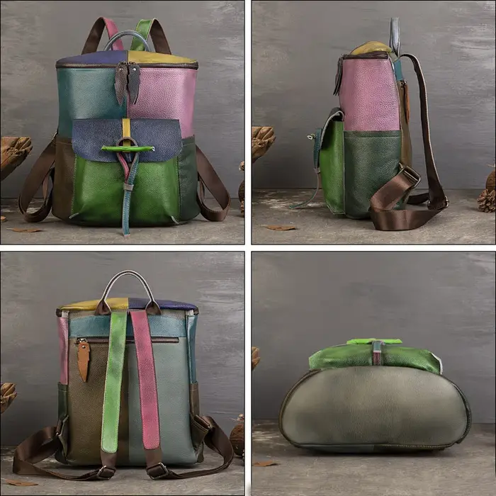 Sac à dos Patchwork en cuir véritable pour femme, sacs à bandoulière en cuir de vache véritable, fou