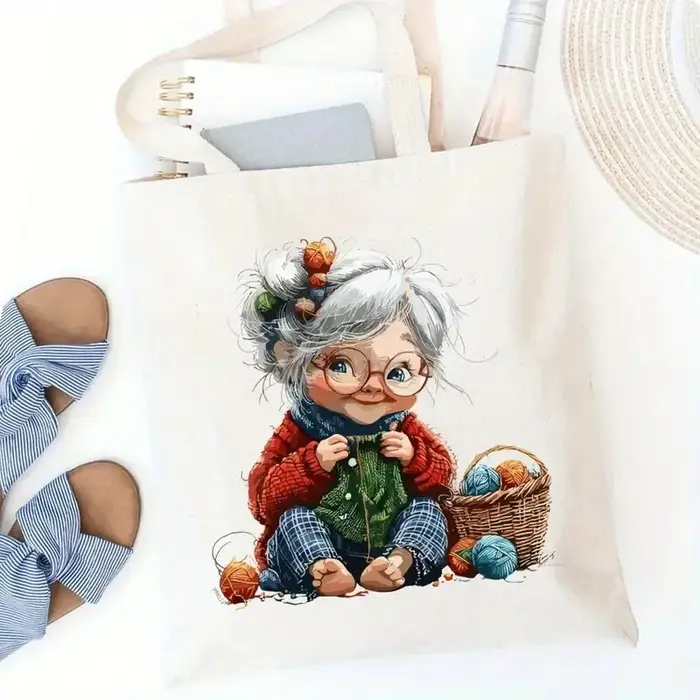 Sac à main esthétique en toile au crochet pour grand-mère - Sac à bandoulière réutilisable écologique avec imprimé