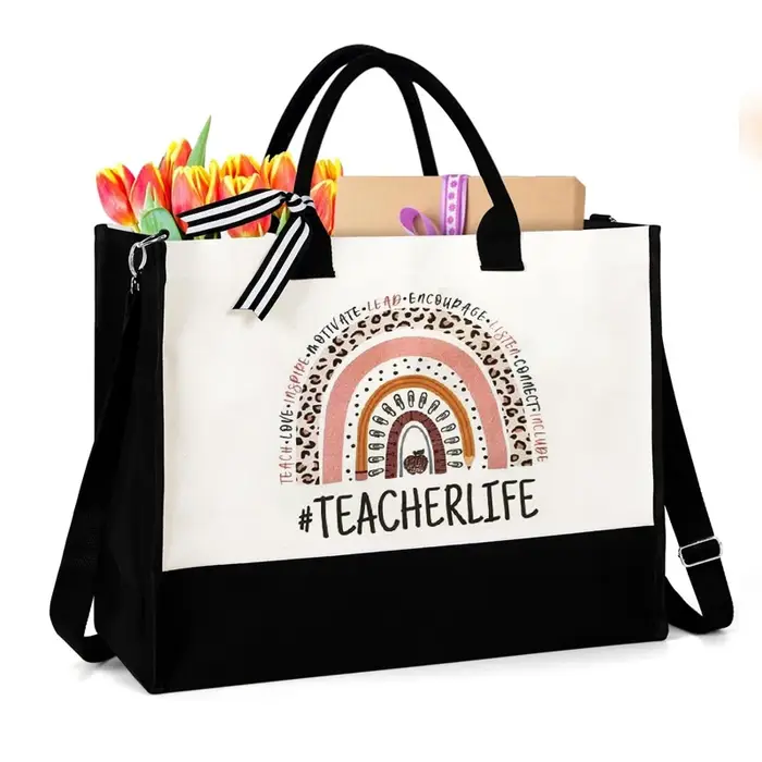 Sac fourre-tout en toile noir et blanc avec sangles, cadeaux d'appréciation pour enseignants, cadeau
