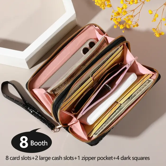 Portefeuille d'embrayage double couche vintage chic - Porte-monnaie et bracelet rétro à fermeture éclair - Accessoire pour femme à la mode avec rangement sécurisé