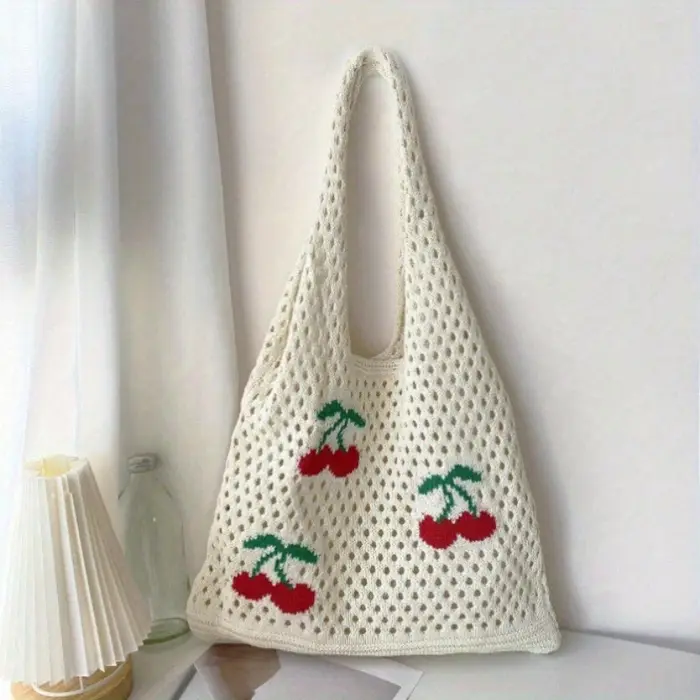 Sac à main en tricot ajouré motif cerise, grande capacité, sac fourre-tout à bandoulière pour femme 