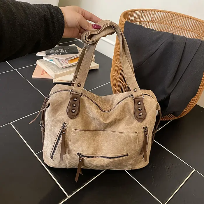 Sac fourre-tout à fermeture éclair en cuir PU de couleur unie