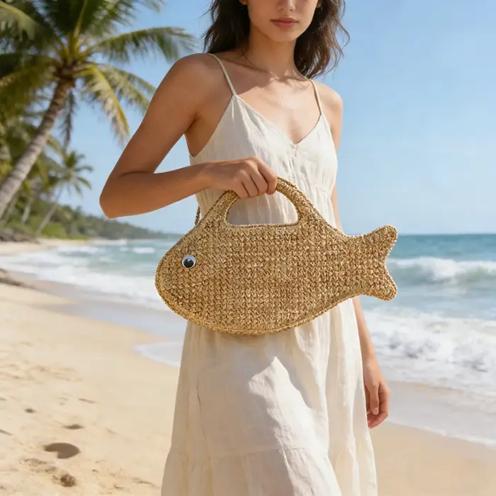 Sac en paille de raphia tressé en forme de poisson