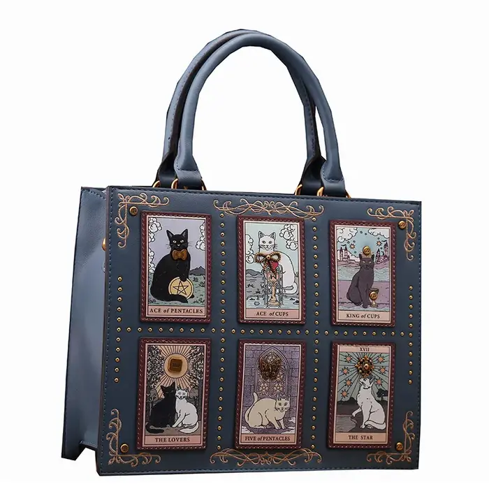 Sacs à main de créateurs rétro et luxueux avec un imprimé délicat de chat de tarot et un design de p