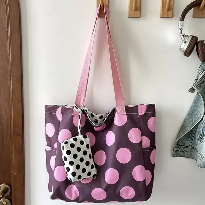 Sac fourre-tout double face en nylon à pois grande capacité avec fermeture éclair et lacets