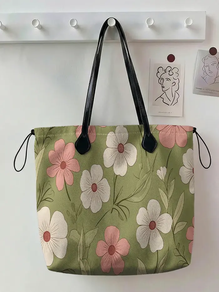 Sac fourre-tout vintage à imprimé floral rose et blanc, grande capacité, sac à bandoulière en toile 