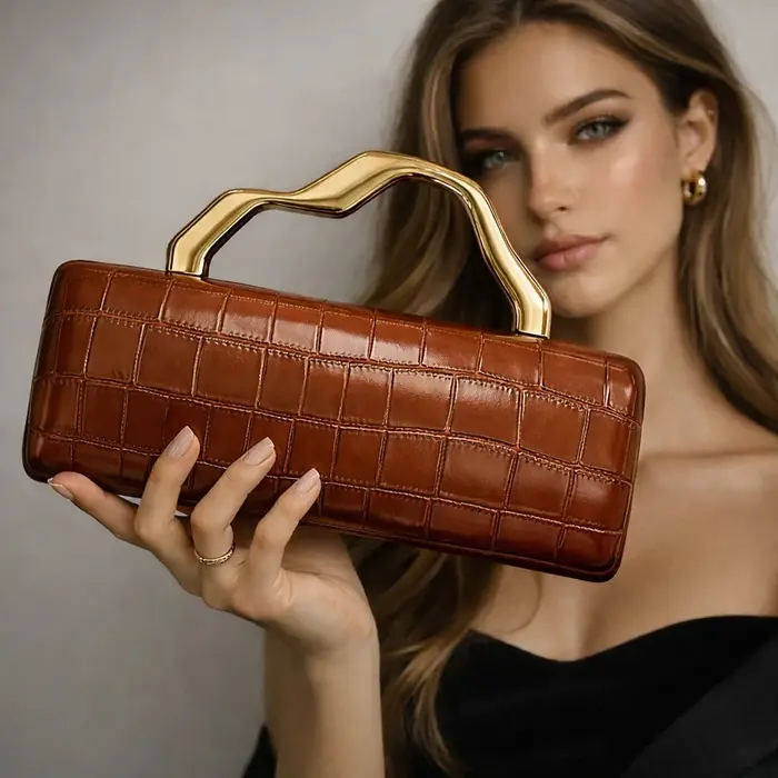 Pochette de soirée de luxe en PU à motif crocodile bordeaux avec poignée dorée pour femmes Sac à main de fête élégant