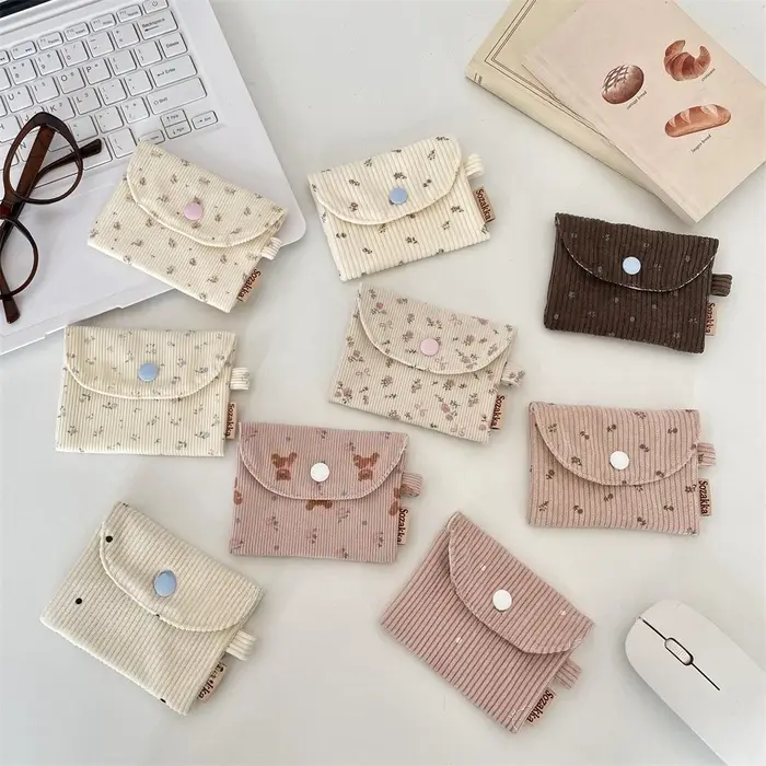 Mini Portefeuille Porte-Monnaie Petit Sac Carré en Corduroy pour Étudiant Bus Cartes d'Identité Banc