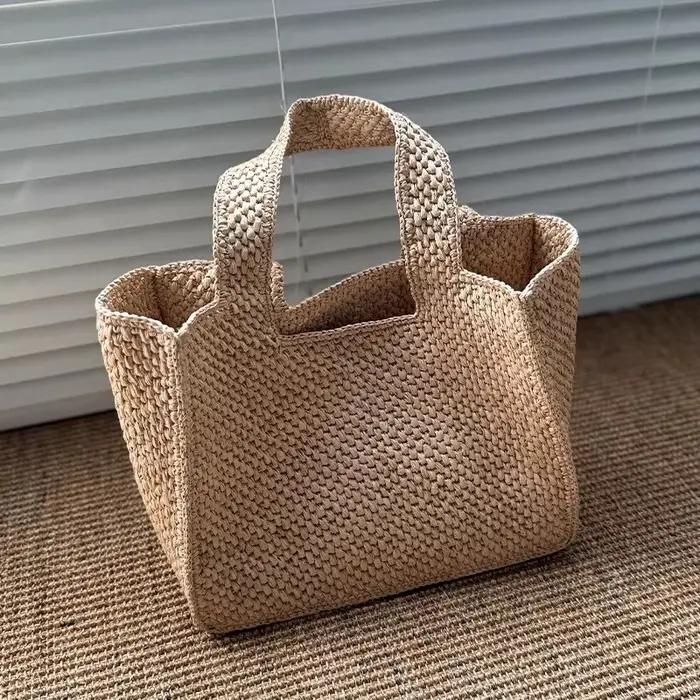Sac cabas en raphia tressé fait main pour femme, idéal plage été, naturel, nouvelle collection print