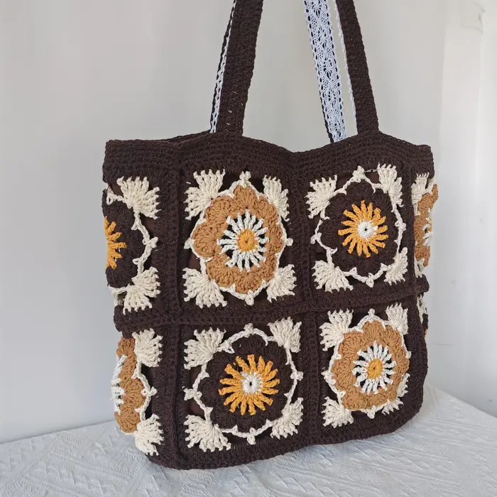 Fil fait à la main Crochet sac à bandoulière Vintage grand-mère carré fourre-tout rétro tricoté fleu