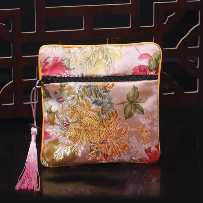 Pochette à monnaie brodée en tissu, motif floral, avec pendentif en cuivre, portefeuille en tissu, sac à maquillage et à rouge à lèvres, organiseur et sac de rangement pour bijoux