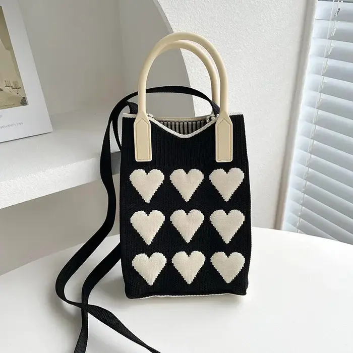 Mini sac à main carré tricoté en forme de cœur pour femmes