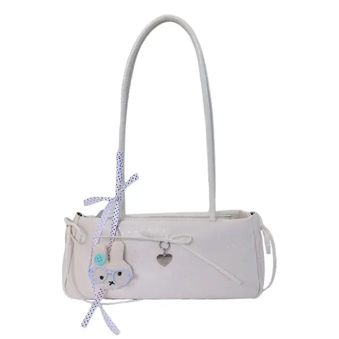 Sac à bandoulière long pour femme avec nœud à pois et breloque cœur, style décontracté pour les cour