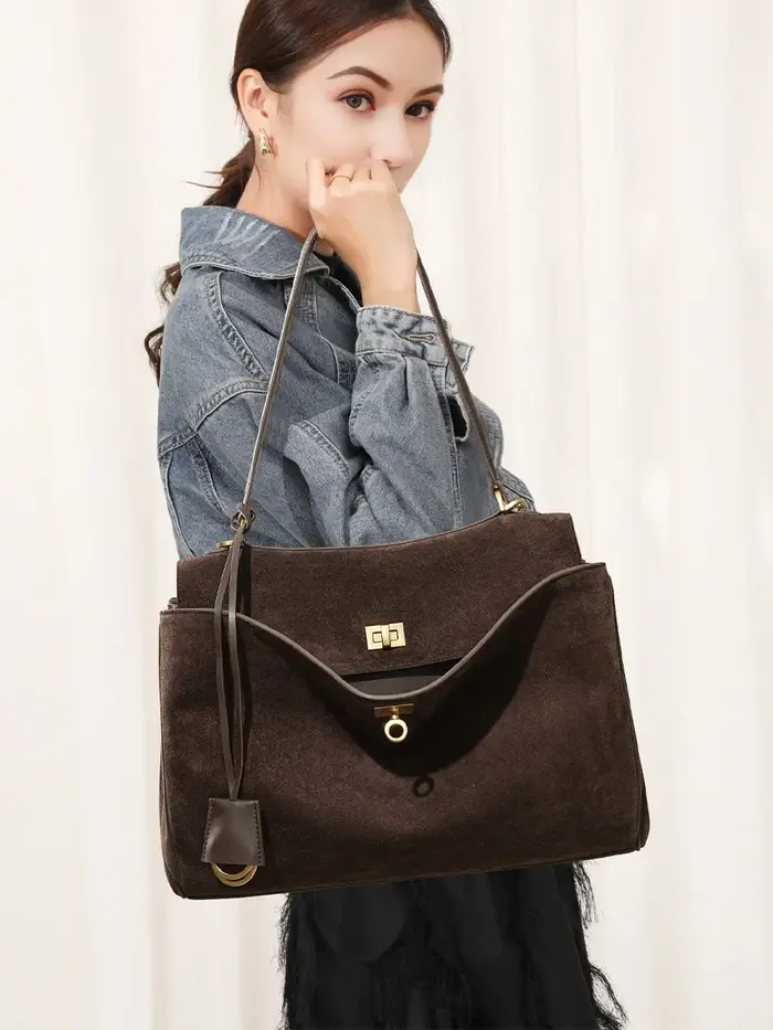 Sac à main en daim et cuir véritable pour femmes, sac à bandoulière de grande capacité, fourre-tout