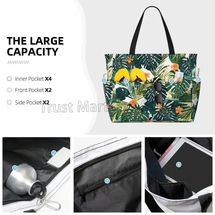 Sac de plage à feuilles et fleurs vertes tropicales pour femmes
