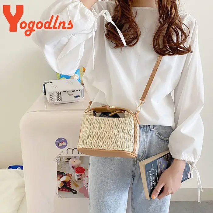 Yogodlns été petit sac à main en paille sac à bandoulière tendance tissé seau sac