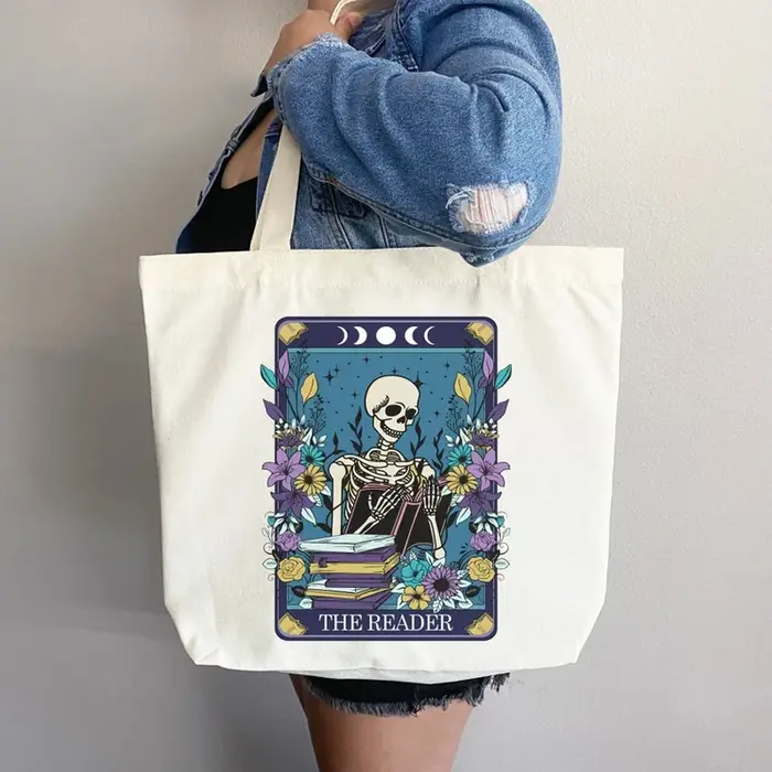 Le lecteur crâne grand sac à main en toile fourre-tout quotidien cadeau pour les amateurs de livres