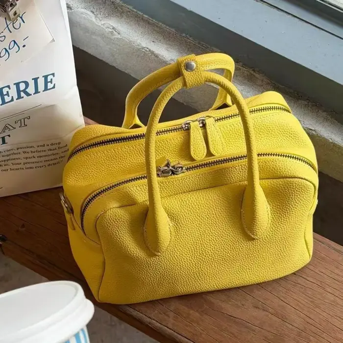 Sac bowling jaune grain litchi été 2026 – Sac à main élégant et polyvalent pour femme