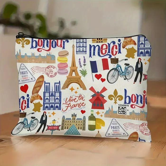 Un sac de maquillage Paris - Pochette multifonctionnelle à fermeture éclair, sac de rangement de bij