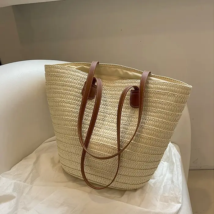Sac à main tressé en paille pour femme, grand sac à bandoulière portable, pochette de plage d'été, s