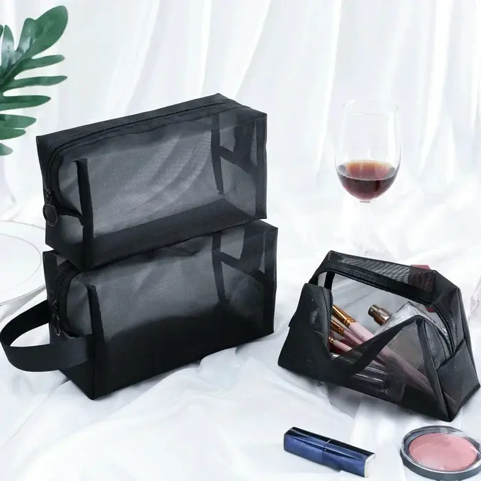 Trousse de maquillage en maille noire pour femme