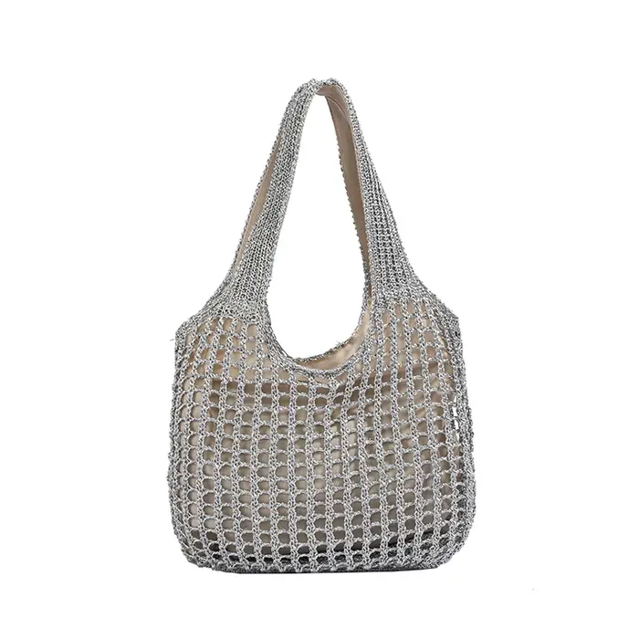 Sac fourre-tout en maille tissée à paillettes argentées pour femmes, pochette intérieure doublée, sa