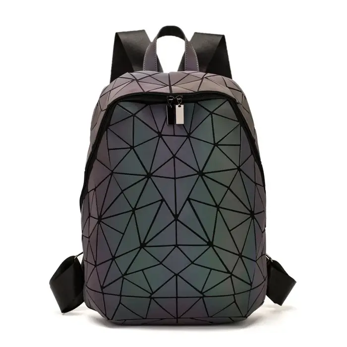 Sac à dos lumineux pour femmes, sac à dos pliant en losange géométrique holographique, cartable pour