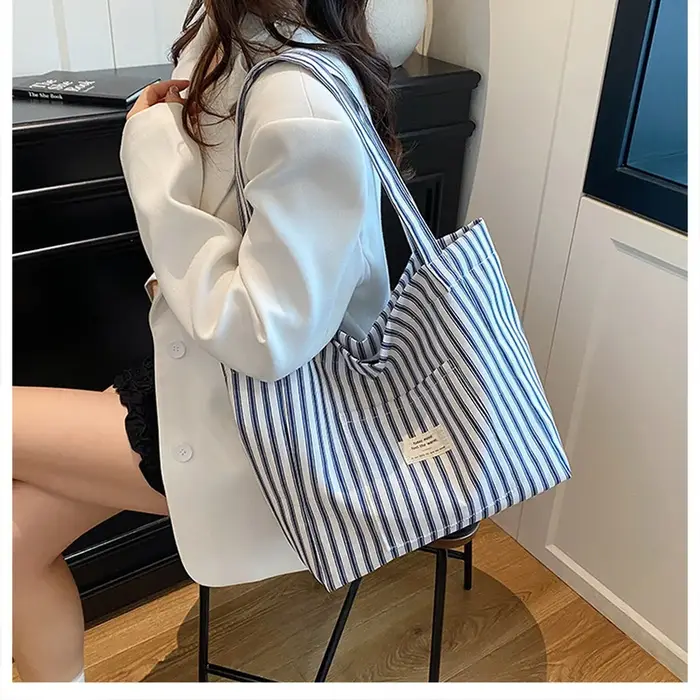 Sac fourre-tout en toile à rayures verticales, grande capacité, écologique, en coton, minimaliste, sac à bandoulière décontracté, pochette quotidienne en tissu