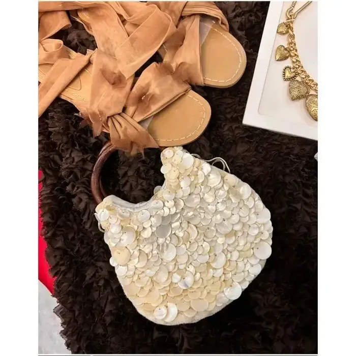Sac à main à poignée supérieure en bois pour femmes, pochette en cristal blanc, pochette de bonne qu