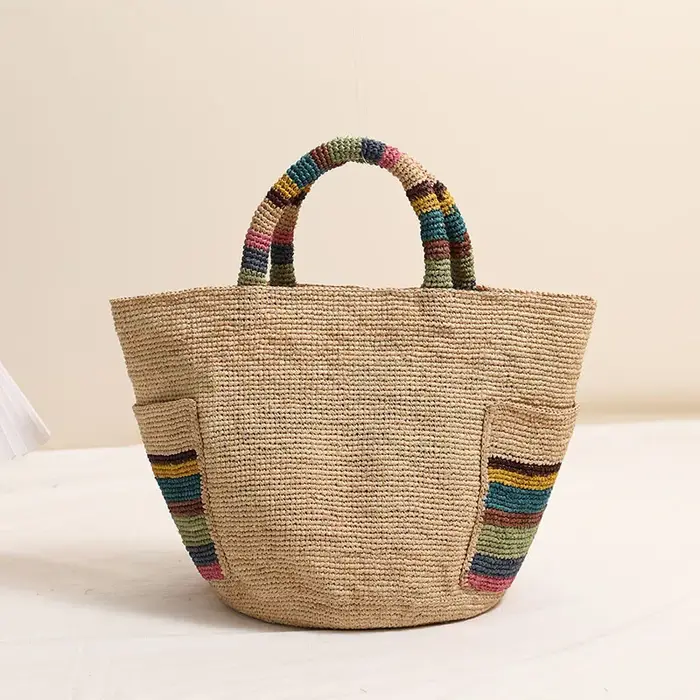 Lafite herbe sac tissé en paille à main nouvelle couleur extérieure femmes bord de mer vacances sac 