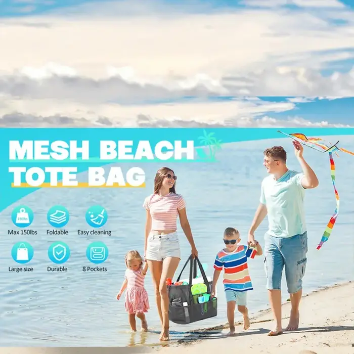 Grand sac de plage, sac à sable en filet haute capacité