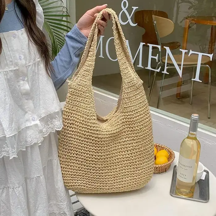 Sac à bandoulière en paille tressée pour femmes, sac fourre-tout de grande capacité de style françai