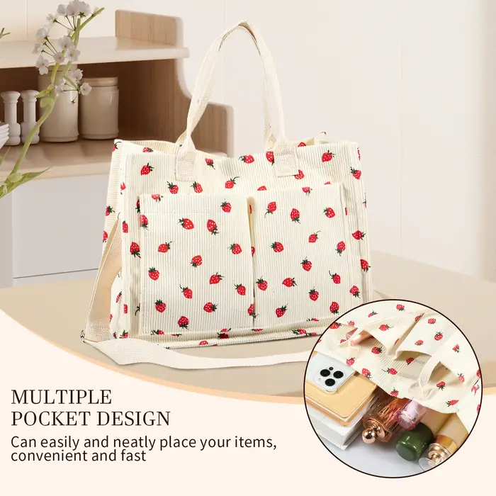 Sac fourre-tout mignon fraise patché sac à main pour femmes tissu grande capacité