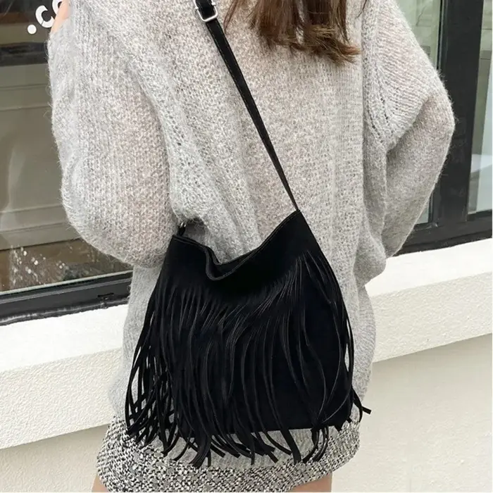 Sac à bandoulière en daim à franges pour femmes